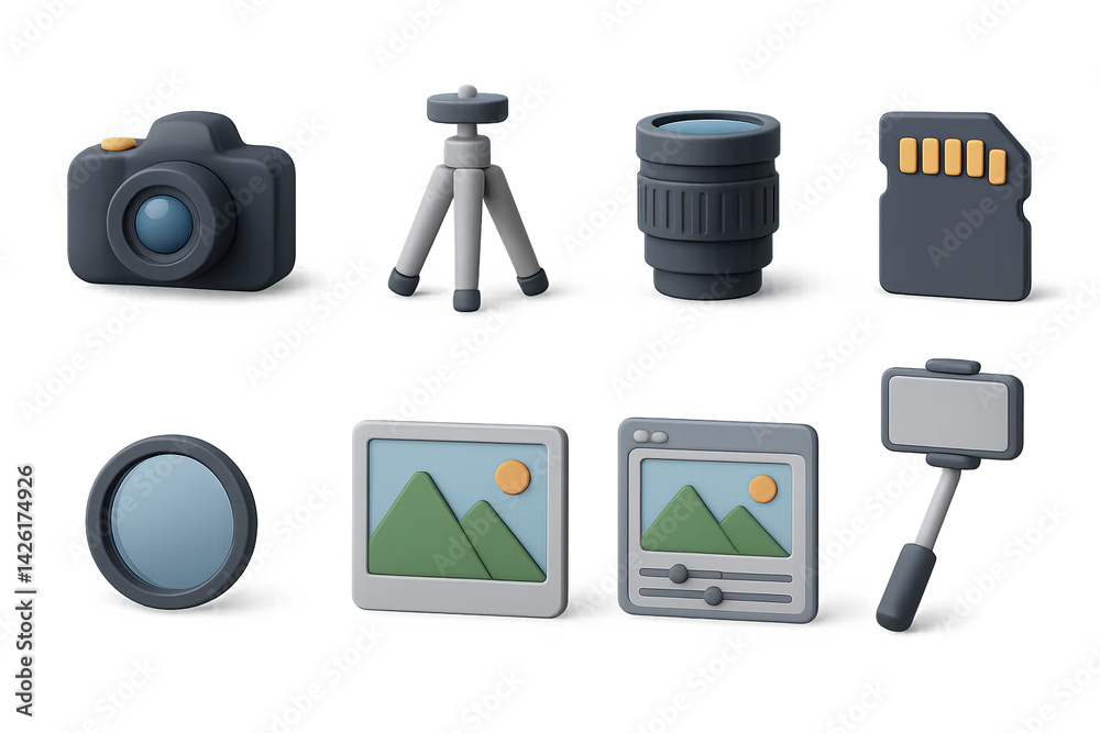 Photography equipment icon set – 3d style camera and gear symbols for capturing moments, digital imaging, and photo shoots: camera, tripod, lens, sd card, filter, frame, software, selfie stick