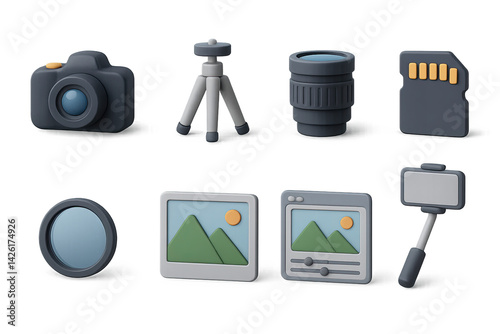 Obraz na płótnie Photography equipment icon set – 3d style camera and gear symbols for capturing moments, digital imaging, and photo shoots: camera, tripod, lens, sd card, filter, frame, software, selfie stick w salonie