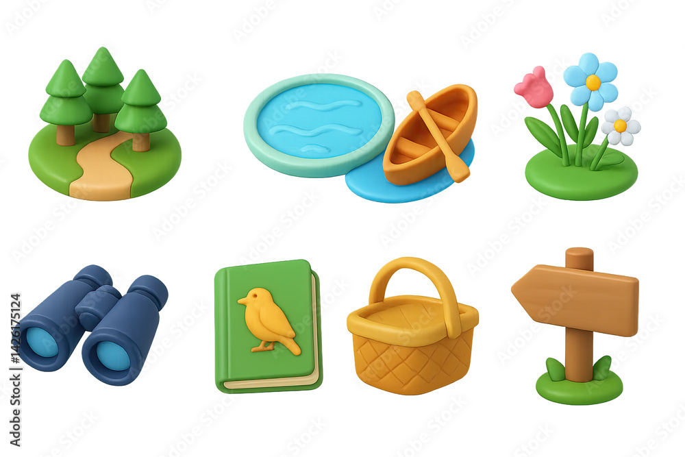 Outdoor recreation icon set – 3d style camping and nature symbols for adventure and exploration: trees, pond, boat, flowers, binoculars, birdwatching, picnic, signpost