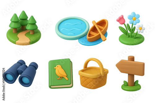 Obraz na płótnie Outdoor recreation icon set – 3d style camping and nature symbols for adventure and exploration: trees, pond, boat, flowers, binoculars, birdwatching, picnic, signpost w salonie