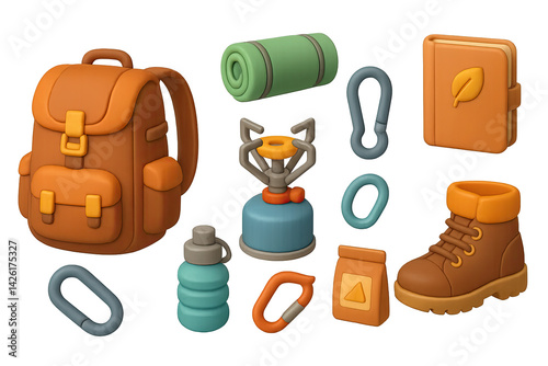 Camping essentials 3d icons set – adventure and outdoor gear visuals: backpack, sleeping bag, portable stove, water bottle, hiking boot, carabiner, notebook