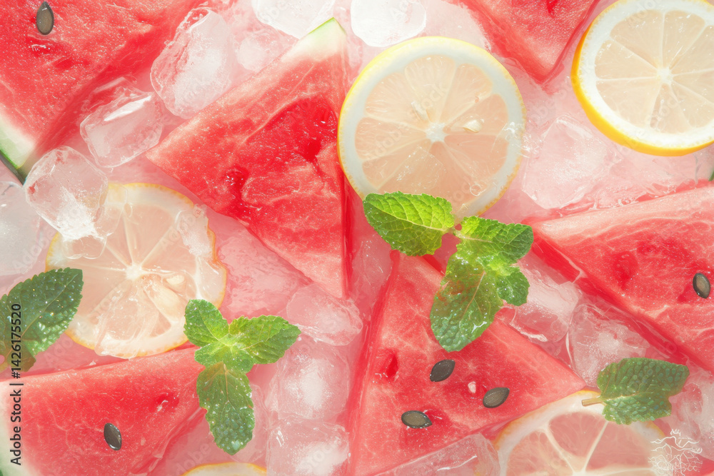 Sliced watermelon topped with fresh mint leaves, served as chilled ice cubes. Sliced watermelon topped with fresh mint leaves, served as chilled ice cubes.
