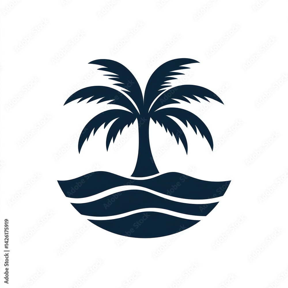 Fototapeta premium Silhouetted palm tree on island, ocean waves, graphic design, illustration, vacation, logo, poster, print