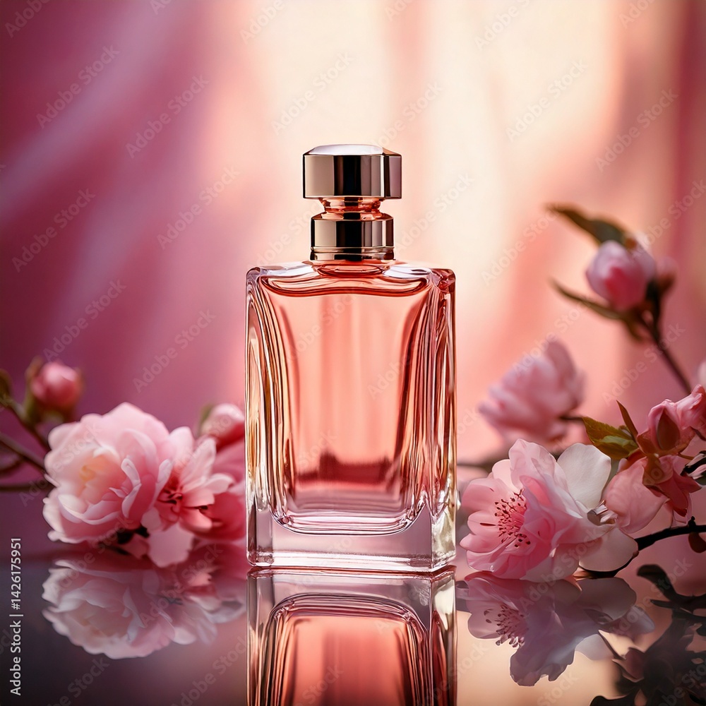 Generated image of beautiful and elegant perfume with flowers in the background. Generated image of beautiful and elegant perfume with flowers in the background.