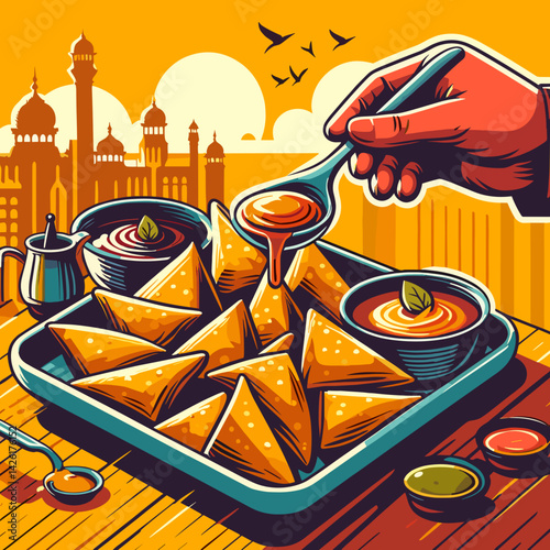 Flat vector poster, Street food scene with samosas on a tray, Hand serving with chutney dips nearby, Urban Indian setting, Bright color contrast, Bold outlines