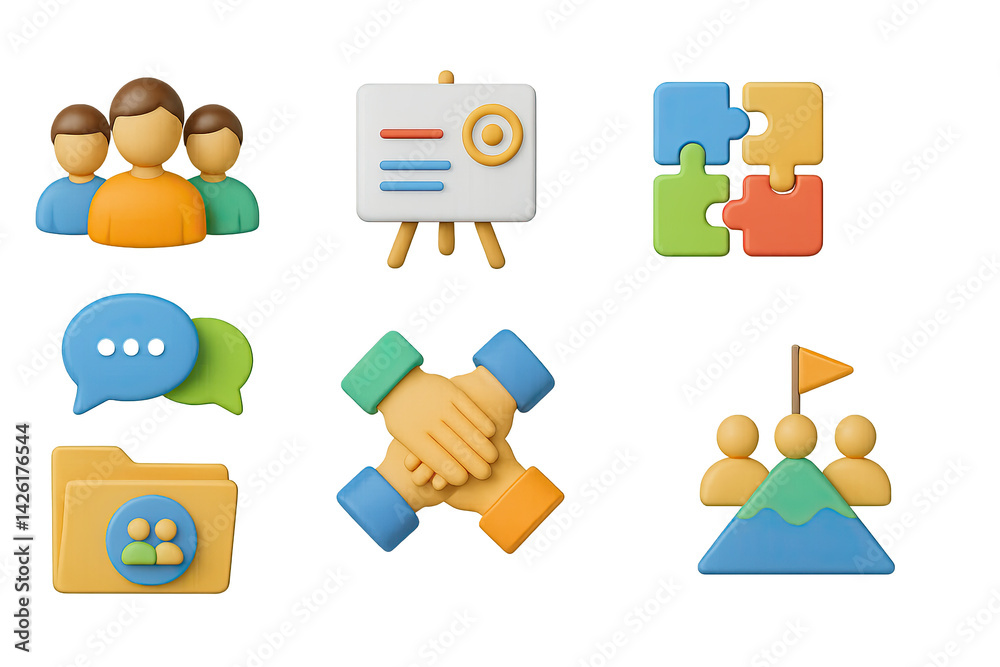 Business collaboration 3d icon set – flat style teamwork and communication symbols for project management, brainstorming, and networking: team, chart, puzzle, chat, handshake, folder, mountain