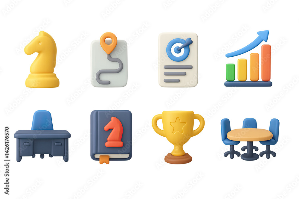 Business strategy 3d icons set – dynamic corporate and growth symbols for planning and performance insights: chess knight, route, target, graph, desk, book, trophy, meeting table