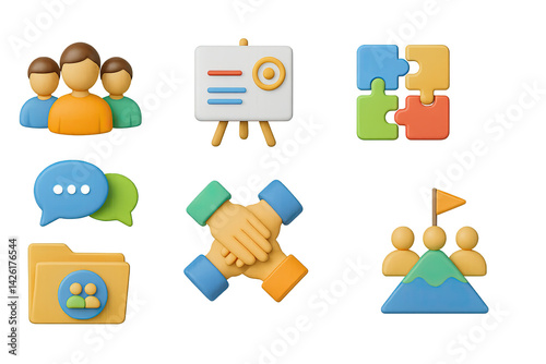 Obraz na płótnie Business collaboration 3d icon set – flat style teamwork and communication symbols for project management, brainstorming, and networking: team, chart, puzzle, chat, handshake, folder, mountain w salonie