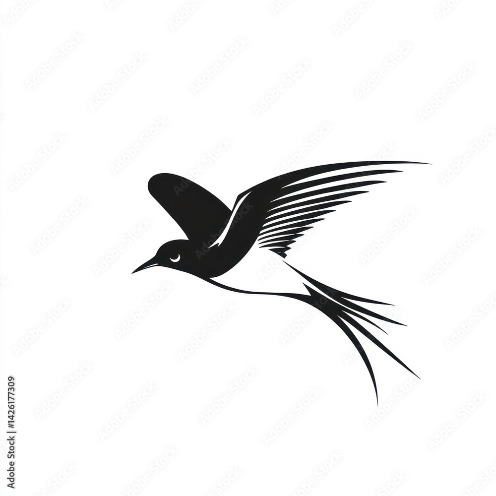 Fototapeta premium Silhouette of bird in flight against white background, decorative graphic for design use