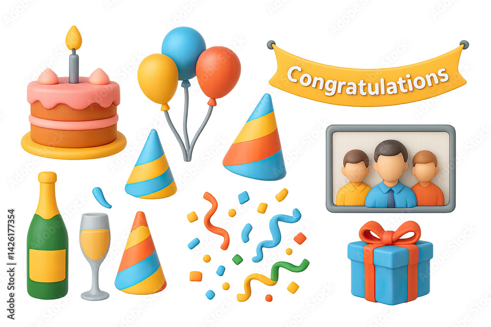 Celebration and party 3d icons set – vibrant festive graphics for event planning and decoration: cake, balloons, party hats, champagne, confetti, banner, gift box