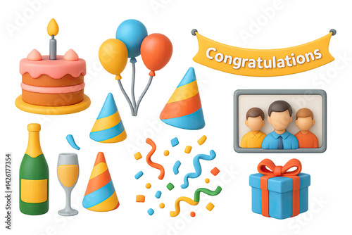 Obraz na płótnie Celebration and party 3d icons set – vibrant festive graphics for event planning and decoration: cake, balloons, party hats, champagne, confetti, banner, gift box w salonie