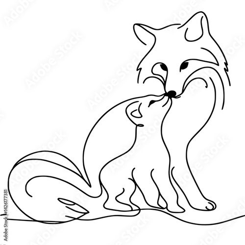 Mother and baby foxes expressing affection in minimalist line art  