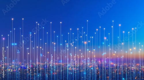 A vibrant cityscape is bathed in the glow of interconnected high-tech buildings