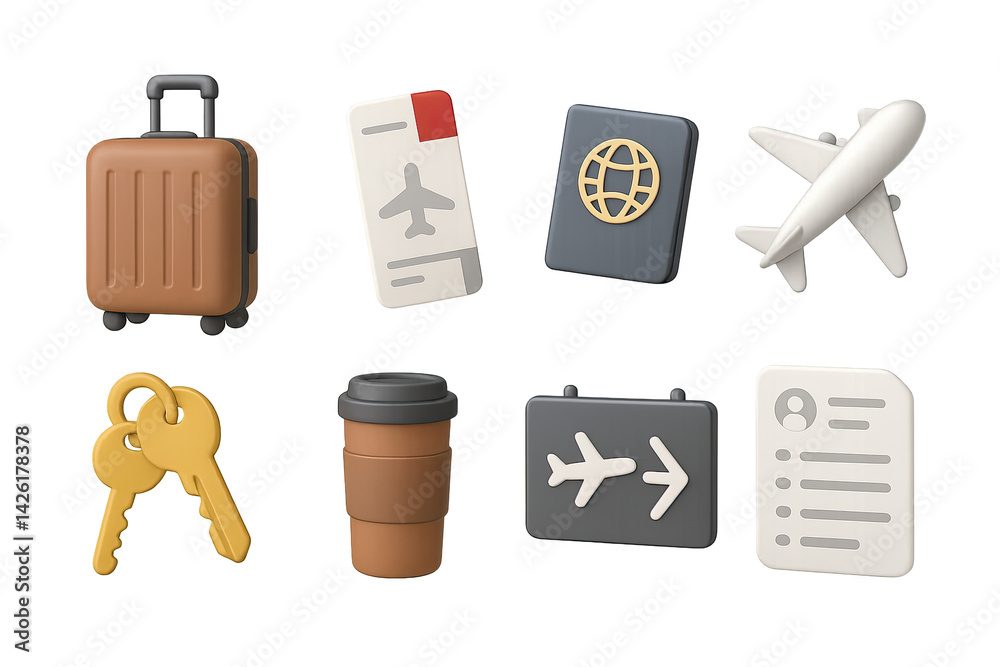 Travel and tourism 3d icon set – perfect for vacation planning and adventure: suitcase, ticket, passport, airplane, keys, coffee cup, departure board, boarding pass