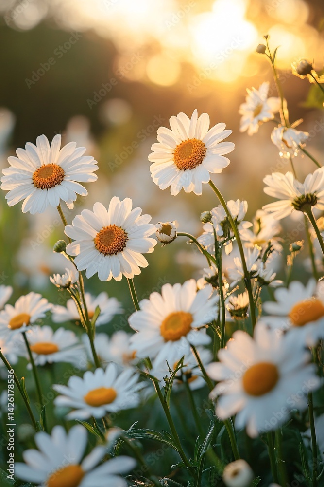 Fototapeta premium Clusters of Delicate White Daisies Stretching Across a Lush Green Field