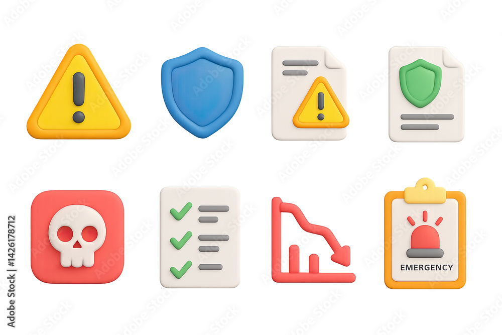Safety and security icon set – 3d style warning, protection, and emergency symbols: alert, shield, document, alarm, danger, checklist, decline, emergency