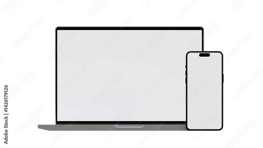 Laptop and smartphone mockup with blank screen template on a isolated background. 3D illustration rendering object. Notebook computer with smartphone mobile blank screen template. Laptop and smartphone mockup with blank screen template on a isolated background. 3D illustration rendering object. Notebook computer with smartphone mobile blank screen template.