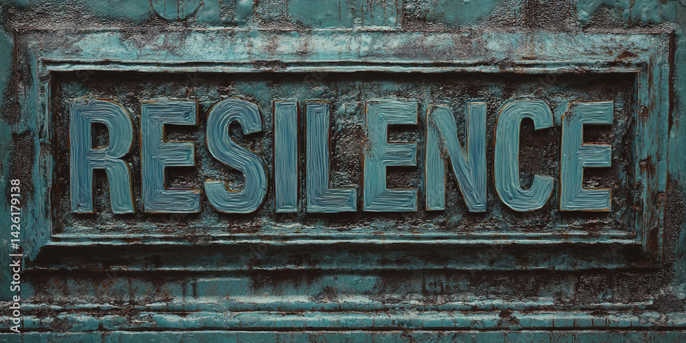 Fototapeta premium Teal textured metallic background with embossed word Resilience, conveying strength and perseverance