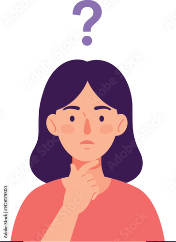 Woman with hand on chin and question mark above head thinking concept illustration 