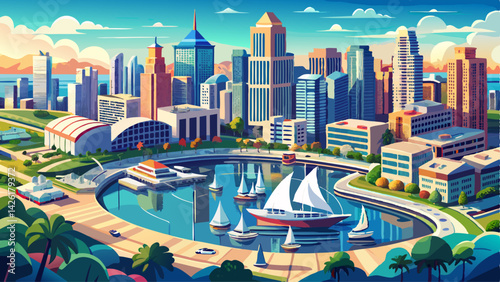 Very beautiful San Diego, California , USA: Aerial view of the city skyline, marina, and harbor and Embarcadero Marina Park North. The image showcases the urban landscape and coastal beauty of San Die