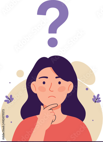 Woman with question mark pondering uncertain decision making concept vector illustration 