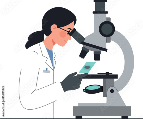 Female scientist examining slide under microscope in laboratory vector illustration 
