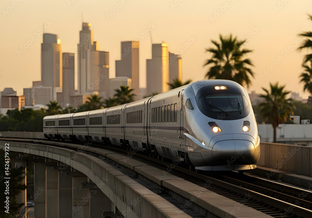 Naklejka premium professional public transportation image of streamlined passenger train against sunset city skyline with golden hour lighting 