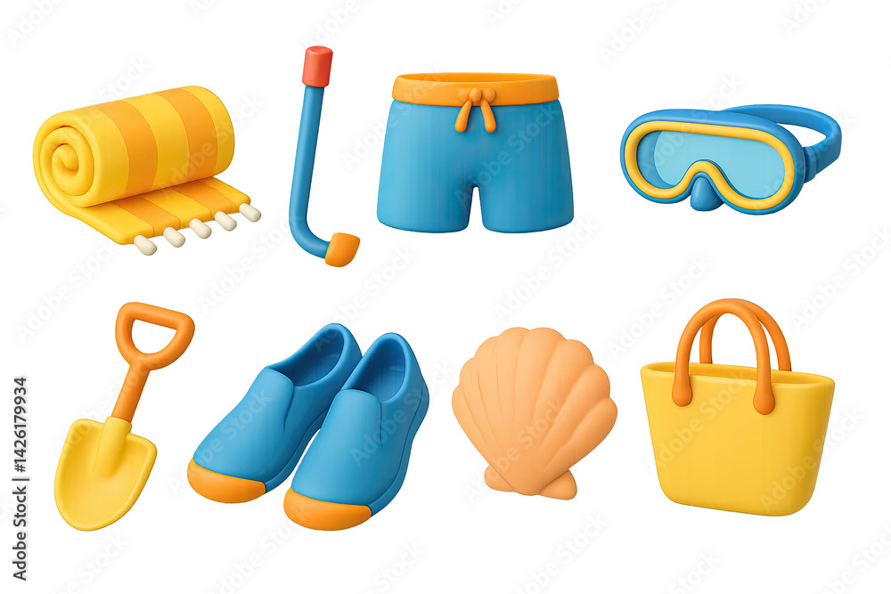 Beach and summer 3d icon set – vacation and travel symbols for seaside adventures: towel, snorkel, shorts, goggles, shovel, shoes, shell, tote bag