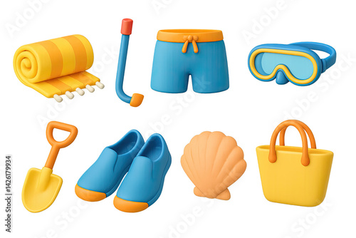 Obraz na płótnie Beach and summer 3d icon set – vacation and travel symbols for seaside adventures: towel, snorkel, shorts, goggles, shovel, shoes, shell, tote bag w salonie