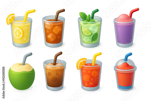 Beverage icon set - flat style drink symbols for refreshment and thirst quenching: lemonade, iced tea, mojito, slush, coconut drink, cola, punch, smoothie