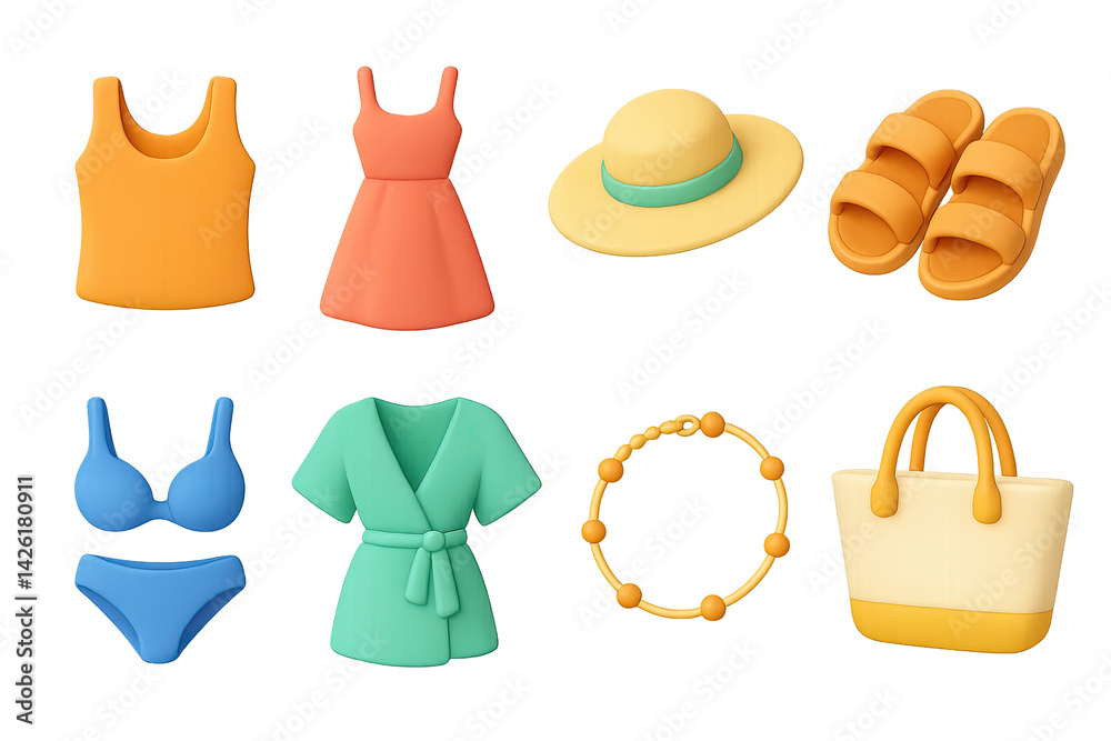 Fashion summer clothing icon set – 3d style wardrobe and accessories symbols for beachwear, casual outfits, and travel: dress, hat, sandals, bikini, necklace, bag