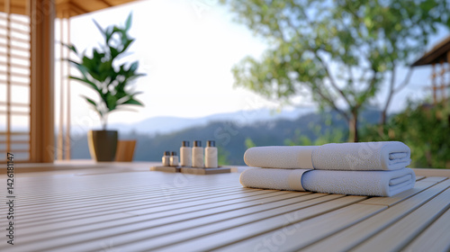 Relaxing spa setting with towels, essential oils, and serene view of nature. Perfect for wellness and tranquility