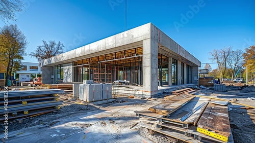 Modern House Under Construction: Raw Concrete Walls, Steel Beam Framework, Active Building Site with Cranes, Workers, Ladders, and Scattered Tools
