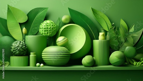 composition of green objects on a green background generative ai