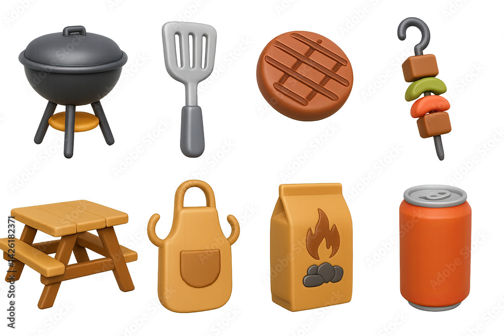 Barbecue icon set – 3d style bbq and grilling symbols for outdoor cooking, picnic, party: grill, spatula, kebab, picnic table, apron, charcoal, soda can