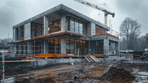 Modern House Under Construction: Raw Concrete Walls, Steel Beam Framework, Active Building Site with Cranes, Workers, Ladders, and Scattered Tools