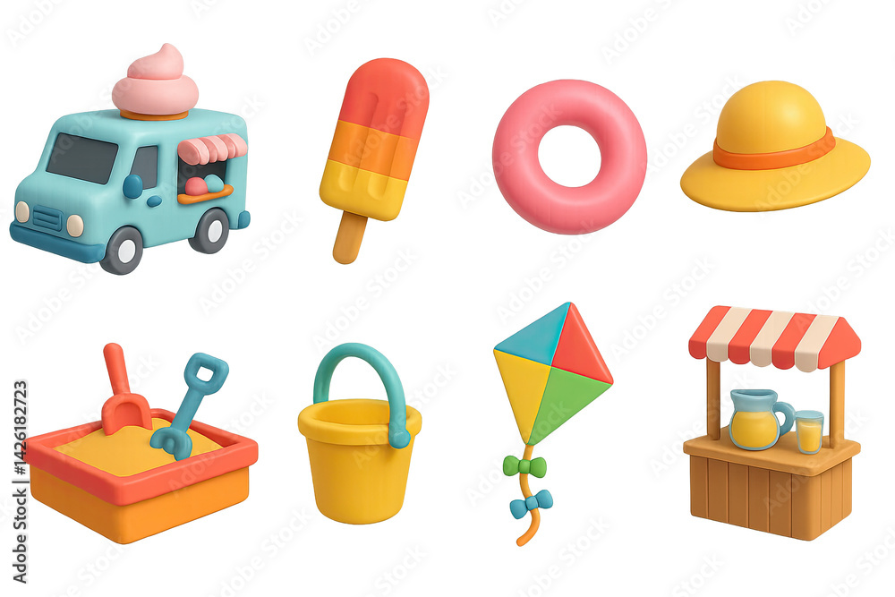 Summer and beach icon set - 3d style vacation and holiday designs for fun and relaxation: ice cream truck, popsicle, beach ball, sun hat, sandbox, beach bucket, kite, lemonade stand