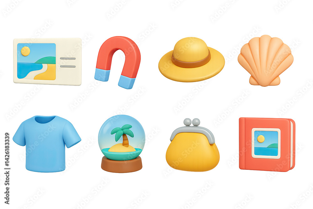 Travel and vacation 3d icons set – vibrant tourism symbols for holiday planning, beach and attraction: passport, magnet, hat, shell, shirt, snow globe, purse, photo album