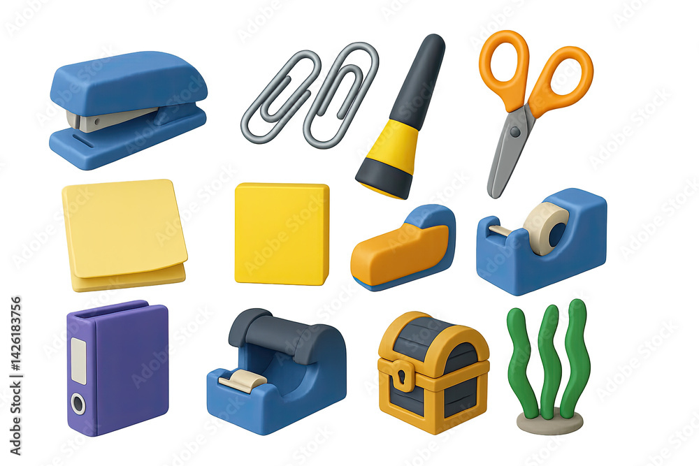 Office supplies icon set – 3d style work and organization symbols for efficient desk management: stapler, paperclips, glue, scissors, sticky notes, tape dispenser, folder, stamp, treasure chest, plant