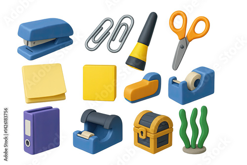 Obraz na płótnie Office supplies icon set – 3d style work and organization symbols for efficient desk management: stapler, paperclips, glue, scissors, sticky notes, tape dispenser, folder, stamp, treasure chest, plant w salonie