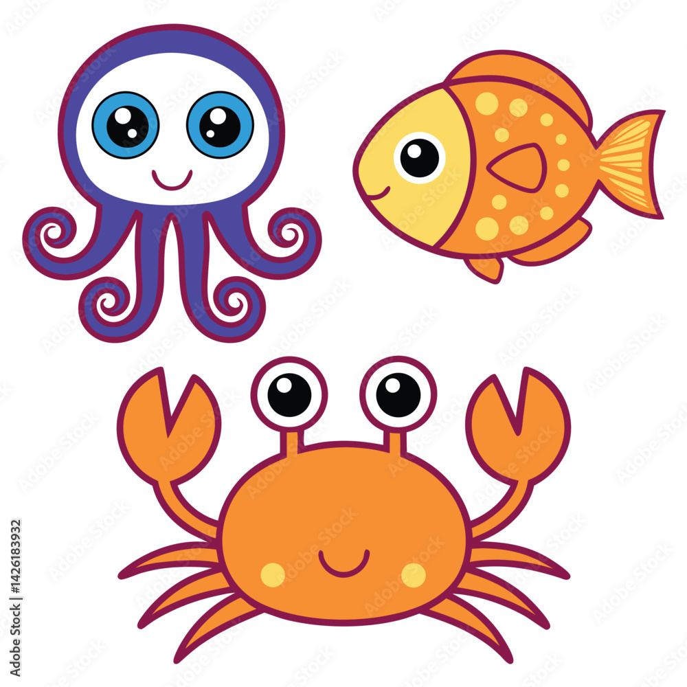 Obraz premium Cute Sea Creatures Cartoon Fun Coloring Design with Octopus, Crab, and Fish