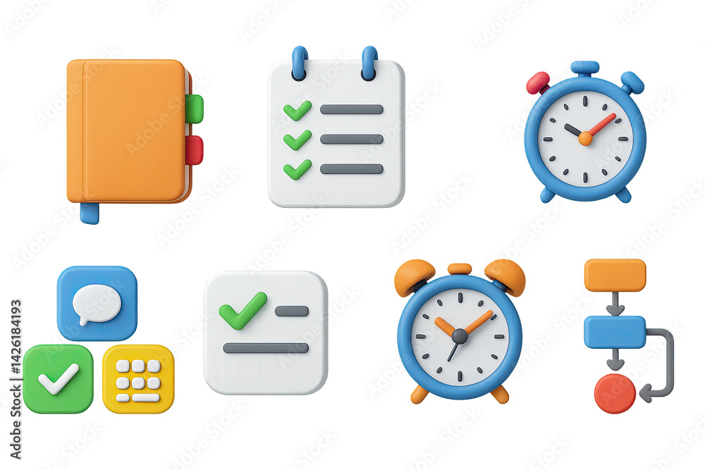 Task management icon set – 3d style icons for productivity, organization, and scheduling: checklist, calendar, alarm clock, message, planner, workflow, to-do list