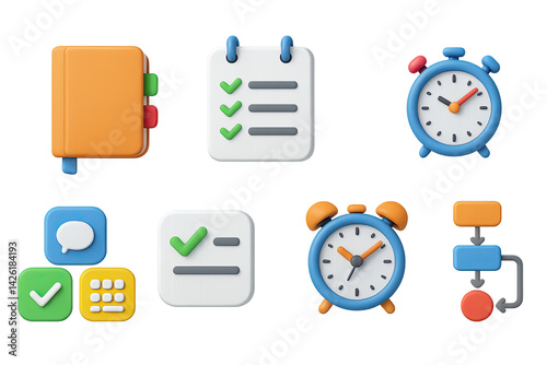 Task management icon set – 3d style icons for productivity, organization, and scheduling: checklist, calendar, alarm clock, message, planner, workflow, to-do list