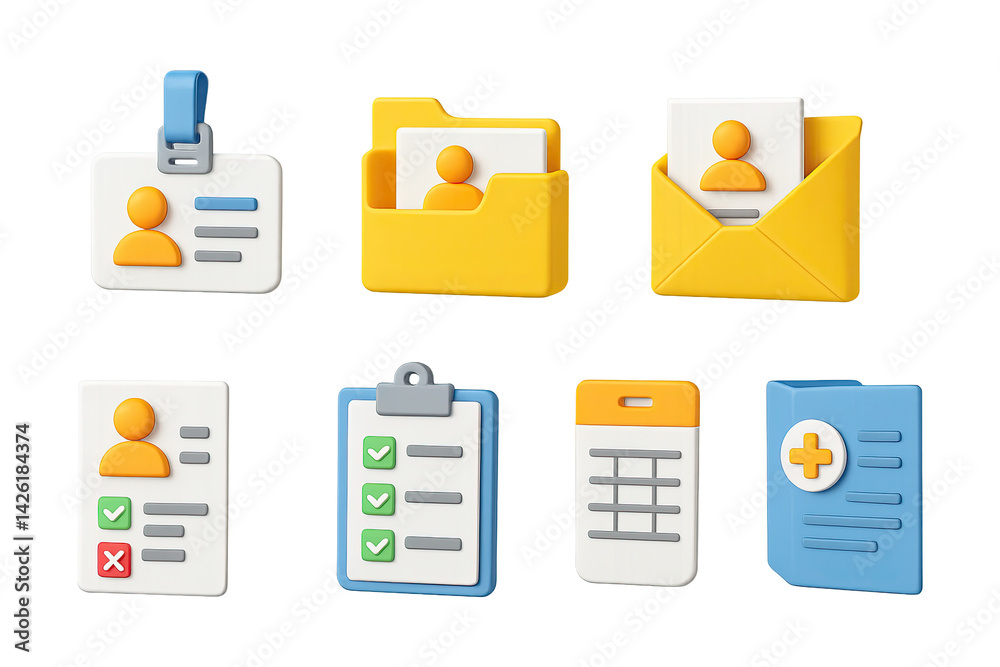 User interface icon set – 3d style interactive and functional symbols for digital design and navigation: profile, folder, envelope, id badge, checklist, document