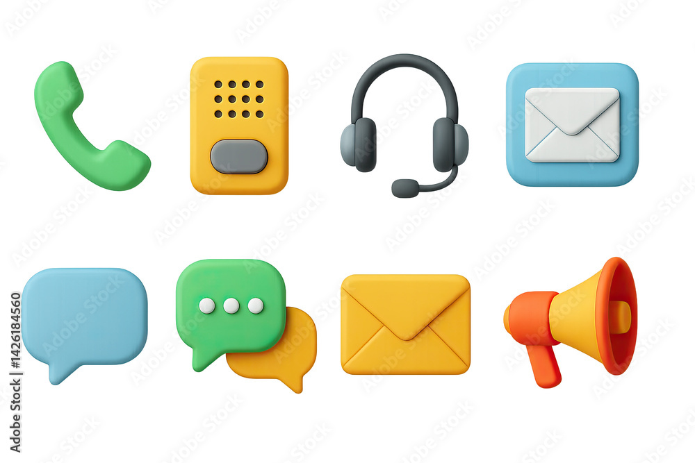 Communication and messaging icon set – 3d style chat and contact symbols for digital connection and interaction: phone, microphone, headset, message bubble, envelope, megaphone