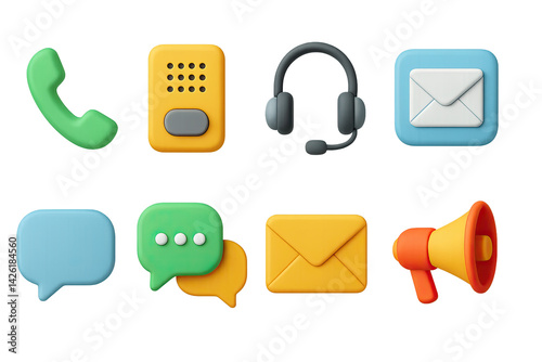 Obraz na płótnie Communication and messaging icon set – 3d style chat and contact symbols for digital connection and interaction: phone, microphone, headset, message bubble, envelope, megaphone w salonie