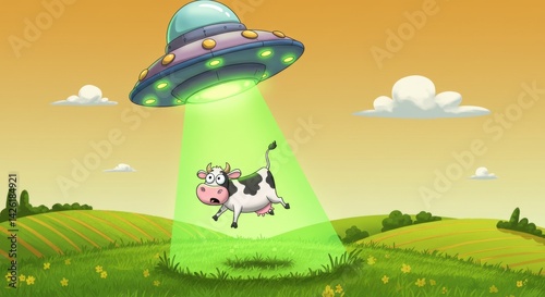 UFO abducts cow from a green pasture on a sunny afternoon