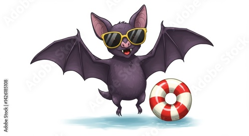 Cute bat wearing sunglasses enjoys summer fun with a beach ball