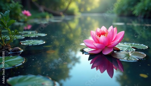 Intricate floral pattern reflected on calm lake surface, organic, lilypad, design