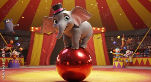 Circus performance featuring a small elephant balancing on a ball